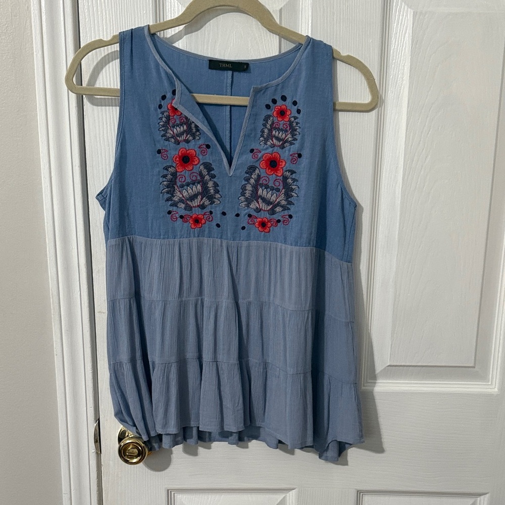 Blue Embroidered Sleeveless Women's Top